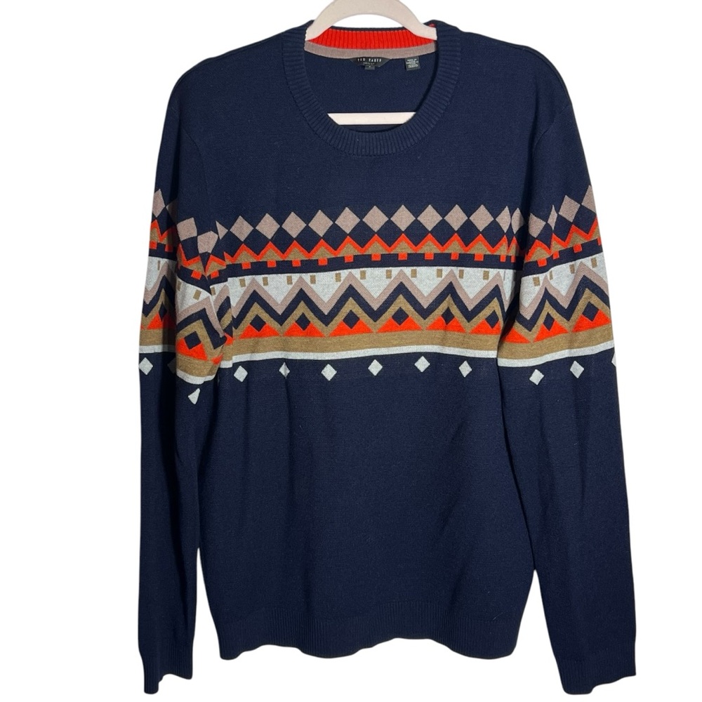 Ted Baker Blue Geometric Pattern Wool Blend Crew … - image 1
